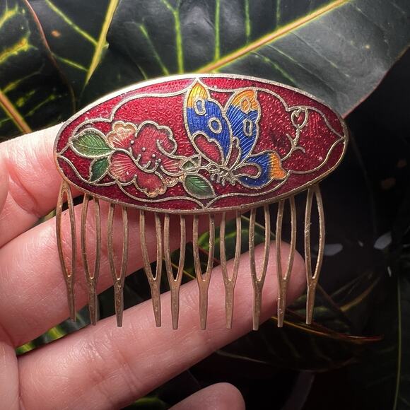 VTG Cloisonné Enamel Hair Gold Tone Comb Butterfly Flowers Red Yellow Green Blue - Picture 1 of 7